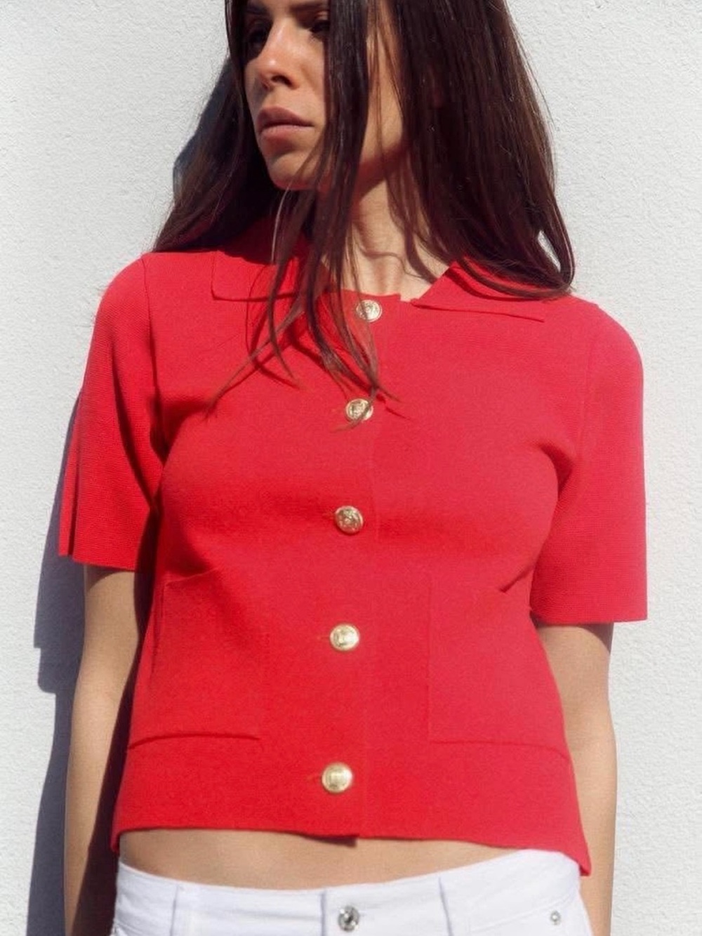 Zara knit cardigan with collar Red Short-Sleeve Button Cardigan size Large